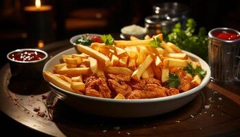 ai gerado grelhado carne, fritas, e molho em de madeira prato gerado de ai foto