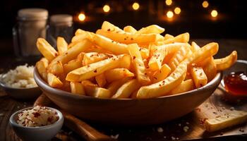 ai gerado uma pilha do crocantes francês fritas em uma de madeira mesa gerado de ai foto