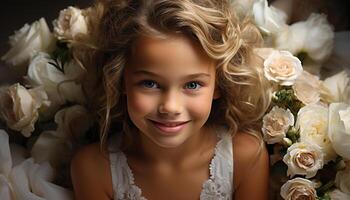 ai gerado sorridente fofa menina com flor ramalhete, felicidade e inocência gerado de ai foto