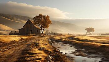 ai gerado tranquilo pôr do sol sobre Nevado montanhas, rústico casa de fazenda dentro idílico panorama gerado de ai foto