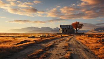 ai gerado tranquilo pôr do sol sobre montanha faixa, natureza beleza dentro rural cena gerado de ai foto