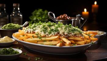 ai gerado grelhado carne, fresco salada, e fritas em rústico de madeira prato gerado de ai foto