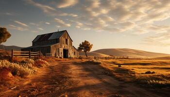 ai gerado rústico casa de fazenda dentro tranquilo Prado, cercado de outono idílico beleza gerado de ai foto