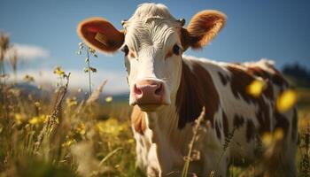 ai gerado fofa vaca pastar em verde Prado, olhando às Câmera gerado de ai foto