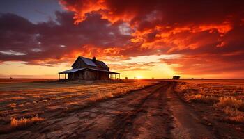 ai gerado pôr do sol sobre rural paisagem, natureza beleza dentro tranquilo verão crepúsculo gerado de ai foto