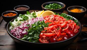 ai gerado fresco, saudável salada com orgânico vegetais, grelhado carne, e ervas gerado de ai foto