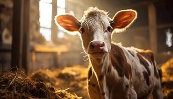 ai gerado fofa vaca pastar em verde Prado, olhando às Câmera gerado de ai foto