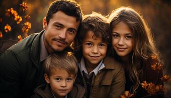 ai gerado uma feliz família do quatro, sorridente e abraçando dentro natureza gerado de ai foto