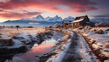 ai gerado tranquilo inverno panorama neve limitado montanhas, congeladas lago, majestoso pôr do sol gerado de ai foto