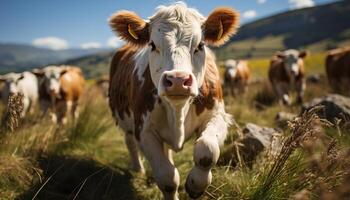 ai gerado fofa jovem vaca em pé dentro verde Prado, olhando às Câmera gerado de ai foto