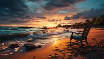 ai gerado pôr do sol sobre tranquilo água, natureza beleza dentro uma tropical paraíso gerado de ai foto