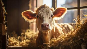 ai gerado fofa vaca pastar em Relva dentro uma ensolarado Prado gerado de ai foto