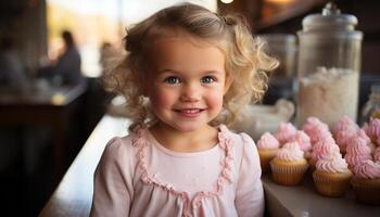 ai gerado sorridente fofa menina goza cozimento, felicidade dentro doméstico cozinha gerado de ai foto