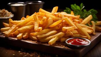 ai gerado recentemente cozinhou francês fritas, empilhado alto, pronto para estar devorado gerado de ai foto