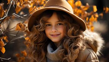 ai gerado sorridente menina goza outono ao ar livre, cercado de natureza beleza gerado de ai foto