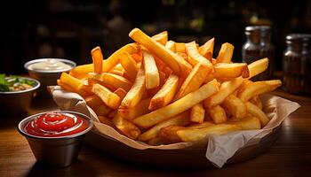 ai gerado recentemente frito francês fritas em uma de madeira mesa, uma gourmet lanche gerado de ai foto