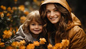 ai gerado sorridente mãe e filha abraçar, desfrutando outono floresta juntos gerado de ai foto