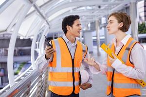 equipe do diversidade engenheiro é usando walkie talkie enquanto inspecionando a construção projeto para moderno arquitetura e real Estado desenvolvimento foto