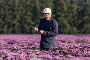 ásia agricultor é levando Nota usando grampo borda em a crescimento e saúde do Rosa crisântemo enquanto trabalhando dentro dele rural campo Fazenda para medicinal erva e cortar flores foto