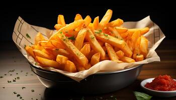 ai gerado recentemente preparado francês fritas, uma crocante e pouco saudável lanche gerado de ai foto