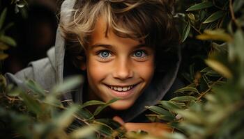 ai gerado sorridente criança ao ar livre, olhando às Câmera, desfrutando natureza beleza gerado de ai foto