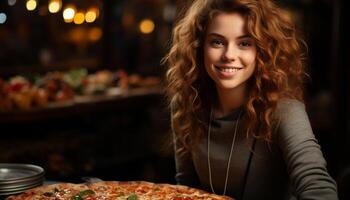ai gerado sorridente mulheres desfrutando pizza, olhando às Câmera dentro casa cozinha gerado de ai foto