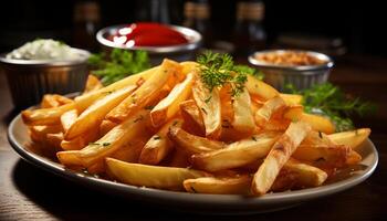 ai gerado recentemente preparado gourmet refeição frito francês fritas, cozinhou carne, e grelhado frutos do mar em uma de madeira prato gerado de ai foto