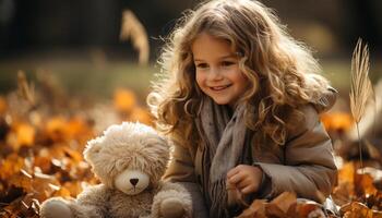 ai gerado sorridente criança jogando ao ar livre, fofa menina com Urso de pelúcia Urso gerado de ai foto