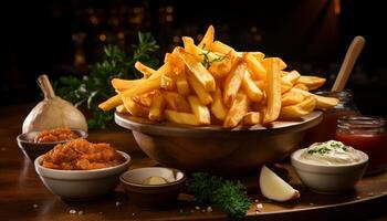 ai gerado recentemente preparado gourmet refeição grelhado carne com crocantes francês fritas gerado de ai foto