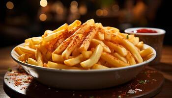 ai gerado recentemente cozinhou francês fritas em uma rústico de madeira prato gerado de ai foto