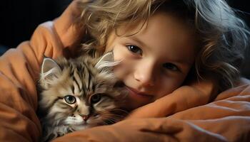 ai gerado fofa criança abraços pequeno gatinho, puro amor e felicidade gerado de ai foto