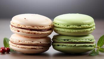 ai gerado uma colorida macaroon pilha em uma de madeira mesa, tentador indulgência gerado de ai foto