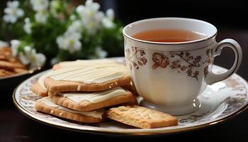 ai gerado recentemente cozido biscoitos em uma de madeira mesa, uma doce indulgência gerado de ai foto