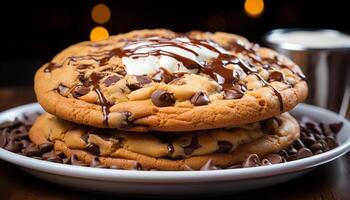 ai gerado caseiro chocolate lasca biscoitos em rústico de madeira mesa gerado de ai foto