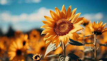 ai gerado vibrante girassol brilha dentro natureza beleza, debaixo a verão Sol gerado de ai foto