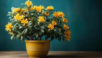 ai gerado frescor do natureza dentro uma vaso, amarelo flor cabeça em madeira gerado de ai foto