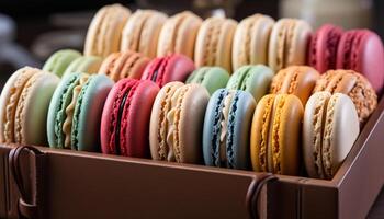 ai gerado uma pilha do colorida Macarrão, uma doce francês indulgência gerado de ai foto