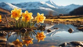 ai gerado a amarelo flor flores dentro natureza beleza, refletindo em a lagoa gerado de ai foto