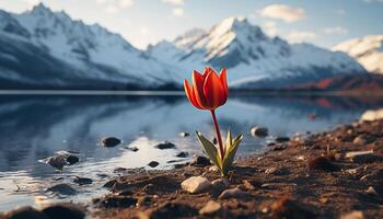 ai gerado uma lindo montanha panorama com uma Rosa tulipa dentro Primavera gerado de ai foto