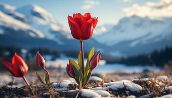 ai gerado uma vibrante amarelo tulipa flores dentro a Prado, cercado de natureza beleza gerado de ai foto