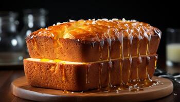 ai gerado recentemente cozido caseiro sobremesa em rústico de madeira mesa, uma doce indulgência gerado de ai foto