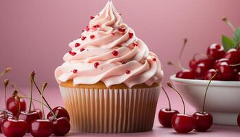 ai gerado recentemente cozido bolos de copo com doce gelo e baga decorações gerado de ai foto