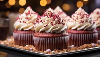 ai gerado caseiro Bolinho com gourmet chocolate glacê, decorado com colorida doce gerado de ai foto