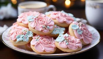 ai gerado caseiro gourmet biscoitos em uma Rosa mesa, doce indulgência gerado de ai foto