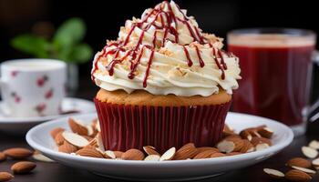 ai gerado recentemente cozido gourmet bolos de copo com chocolate gelo e açoitado creme gerado de ai foto