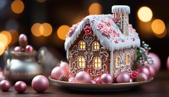 ai gerado caseiro Pão de gengibre casa, decorado com gelo e doce, em mesa gerado de ai foto