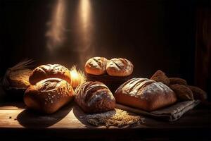 ai gerado pães em pé em de madeira contador foto