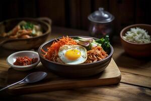 ai gerado uma delicioso bibimbap Kimchi em Preto prato.coreano comida.closeup Visão foto