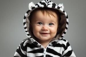 ai gerado retrato do uma bebê criança vestindo uma zebra traje em isolado fundo foto