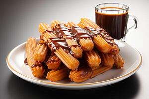 ai gerado churros e chocolate molho em pé em uma prato isolado branco fundo foto